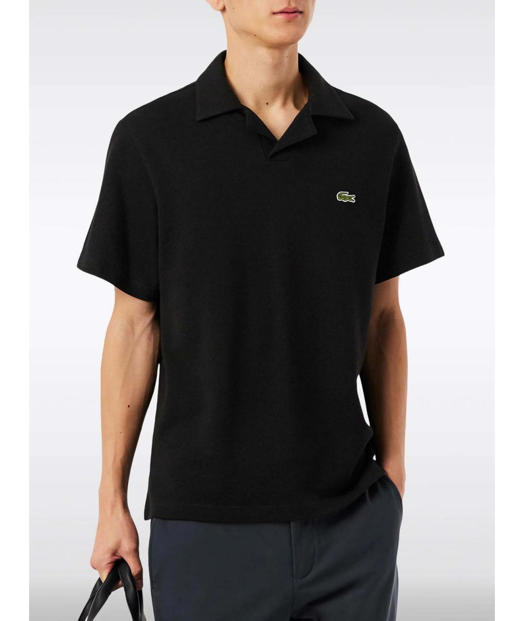 LACOSTE Черное хлопко-льняное поло с коротким рукавом, фото 2