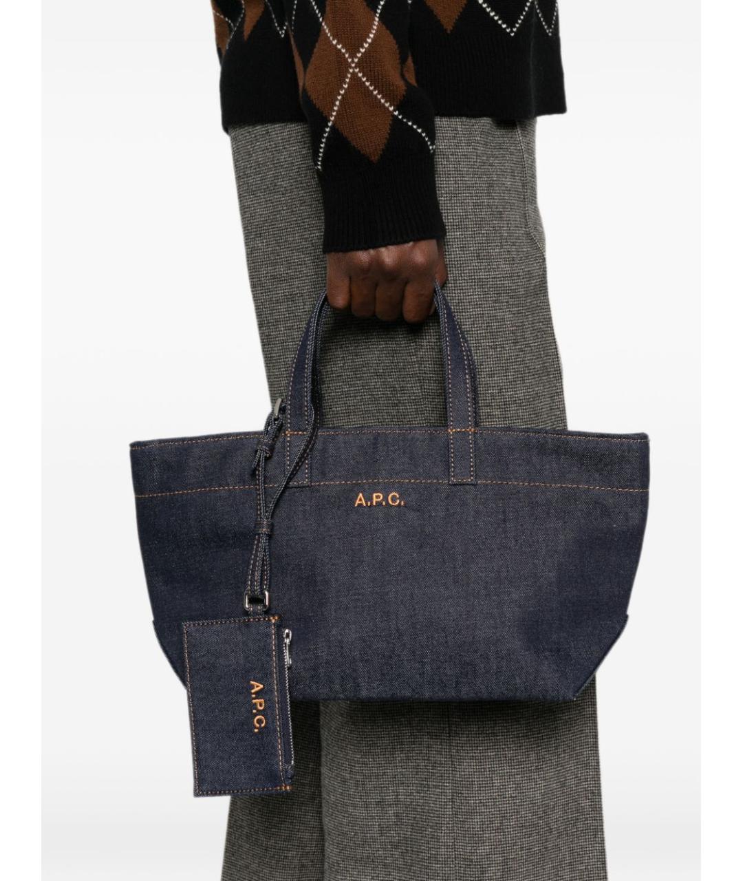 A.P.C. Темно-синяя хлопковая сумка тоут, фото 2