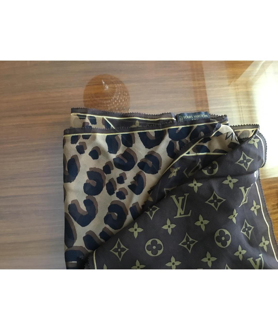 LOUIS VUITTON Коричневый шелковый шарф, фото 2