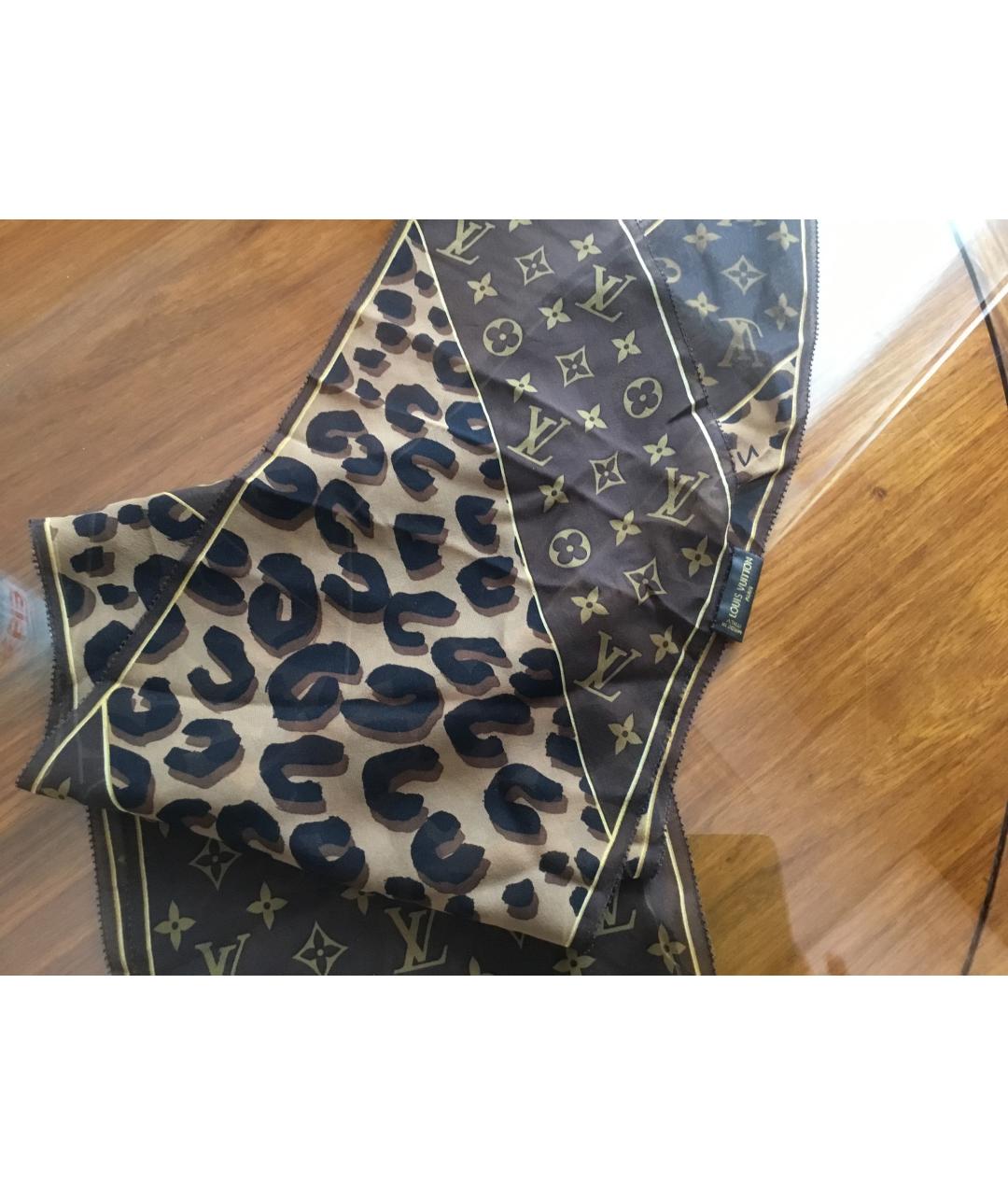 LOUIS VUITTON Коричневый шелковый шарф, фото 4