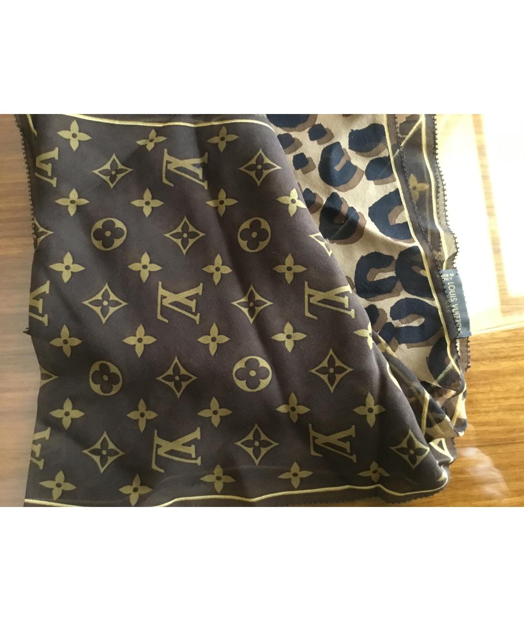 LOUIS VUITTON Коричневый шелковый шарф, фото 6