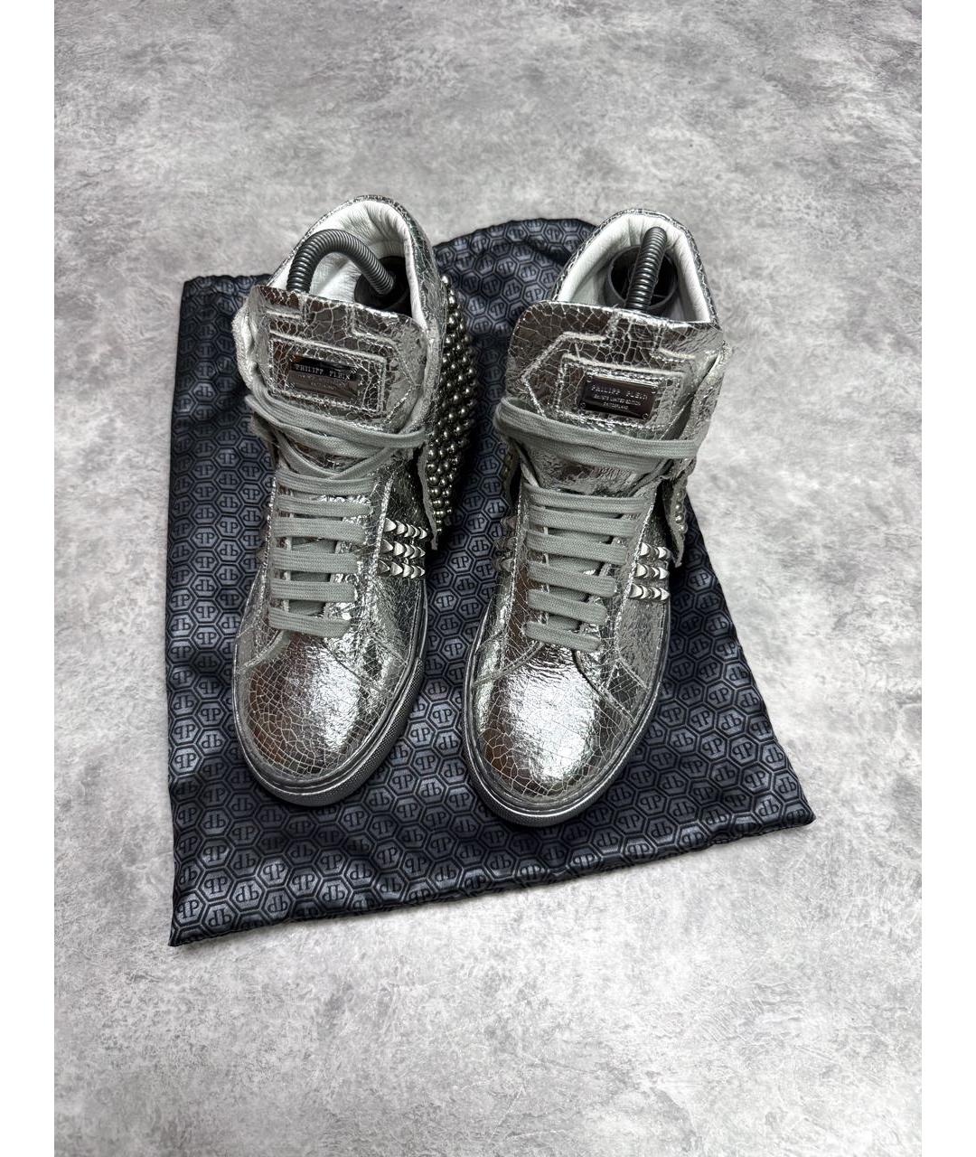 PHILIPP PLEIN Серебряные кожаные кеды, фото 2