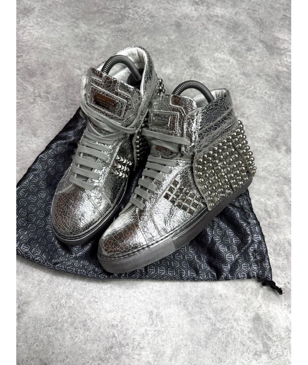 PHILIPP PLEIN Серебряные кожаные кеды, фото 5