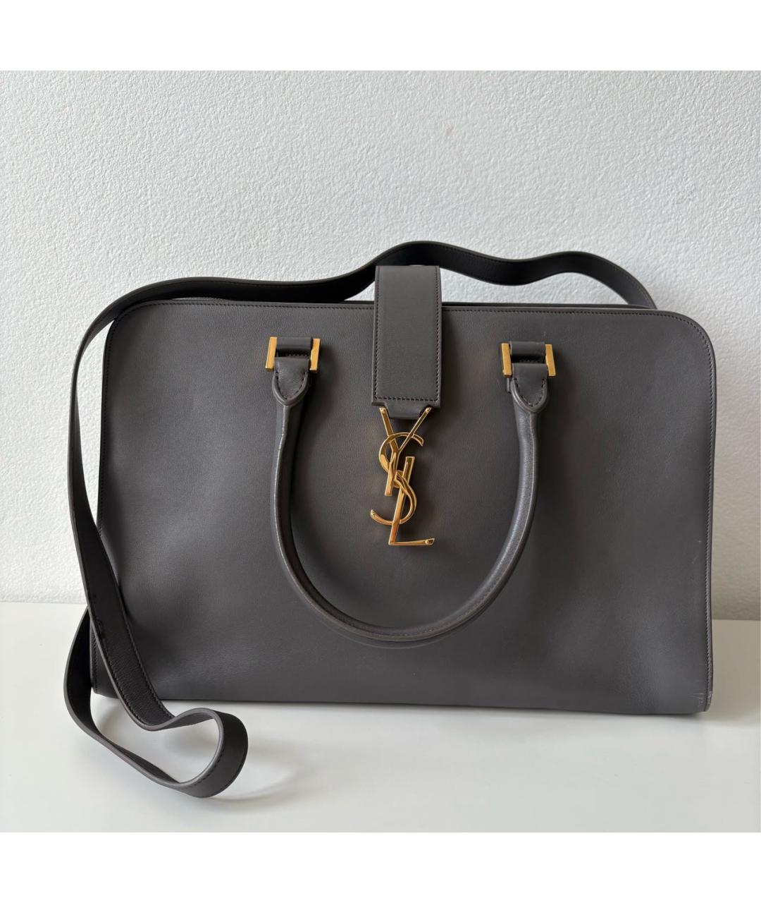 SAINT LAURENT Серая кожаная сумка с короткими ручками, фото 6