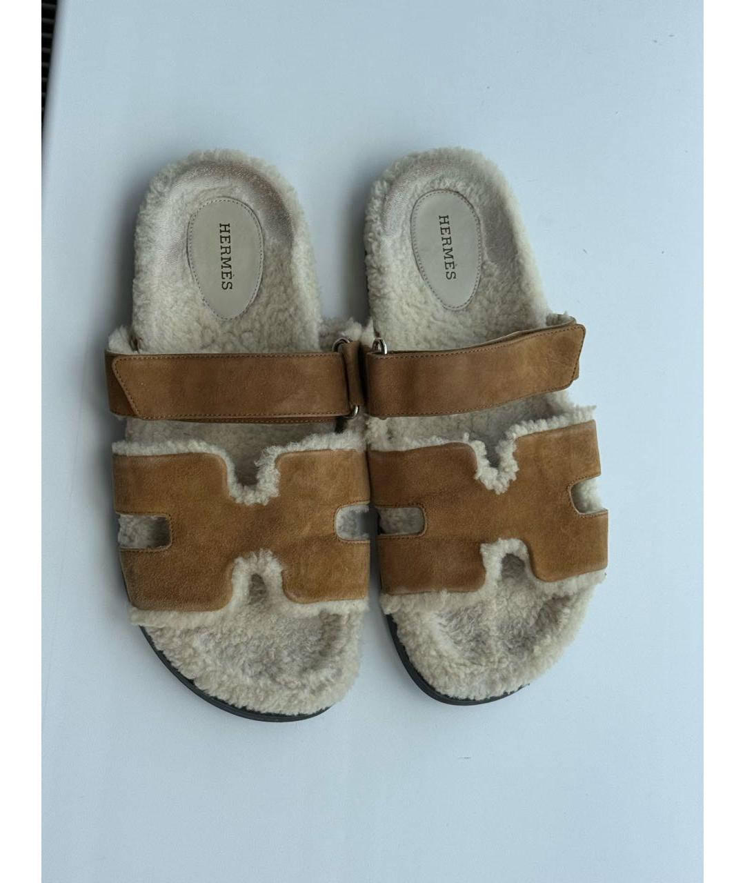 HERMES Бежевые замшевые шлепанцы, фото 2