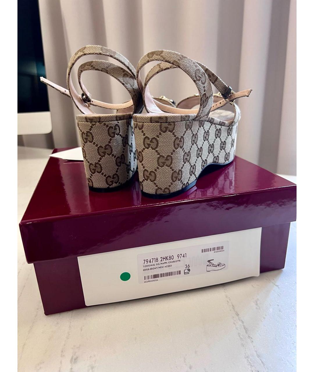 GUCCI Бежевые текстильные босоножки, фото 6
