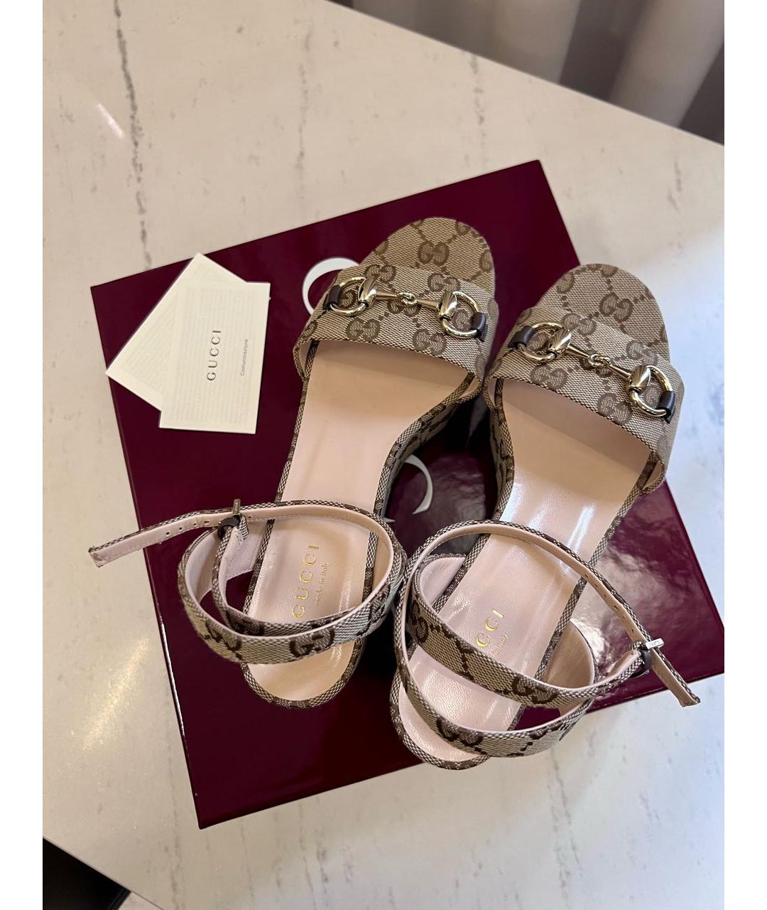 GUCCI Бежевые текстильные босоножки, фото 5