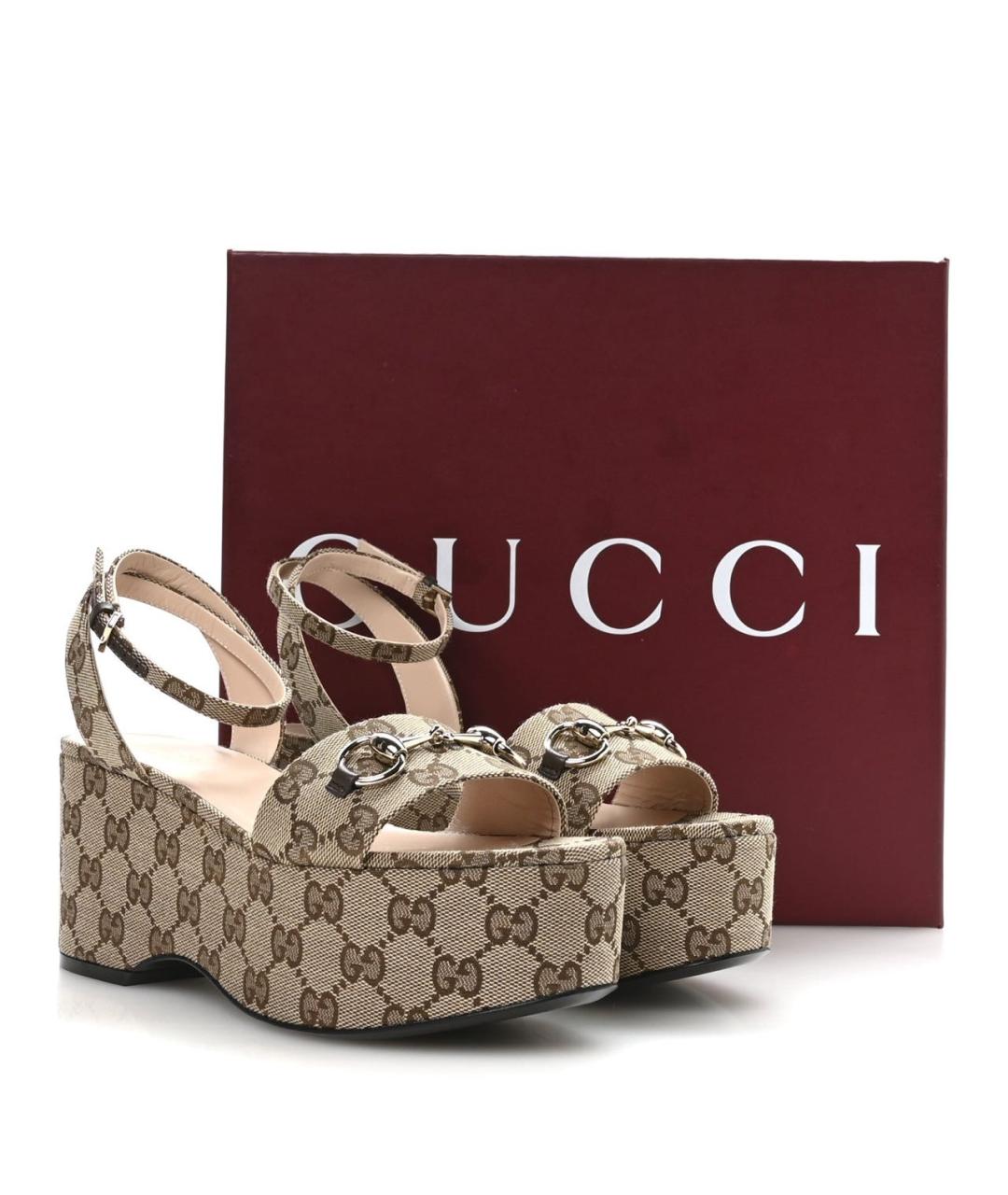 GUCCI Бежевые текстильные босоножки, фото 8