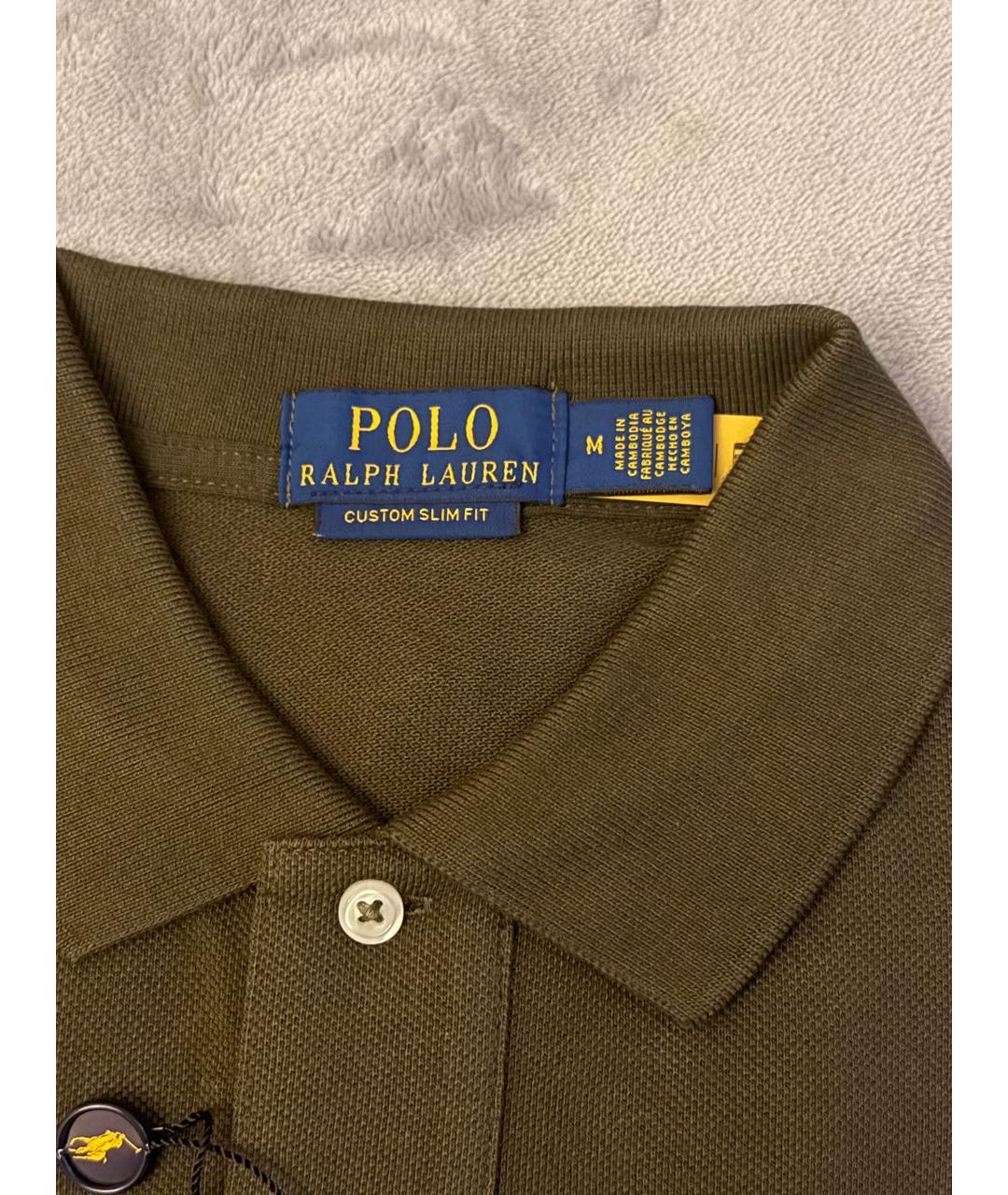 POLO RALPH LAUREN Хаки хлопковое поло с коротким рукавом, фото 7