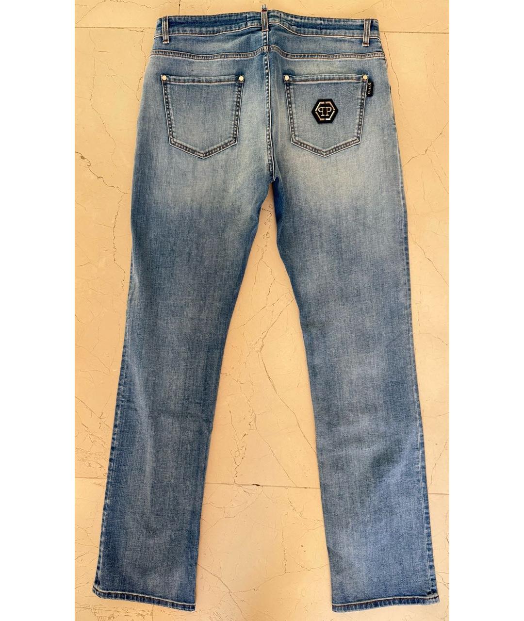 PHILIPP PLEIN Голубые хлопко-эластановые прямые джинсы, фото 4