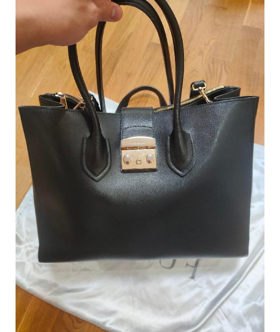 FURLA Черная кожаная сумка тоут, фото 10