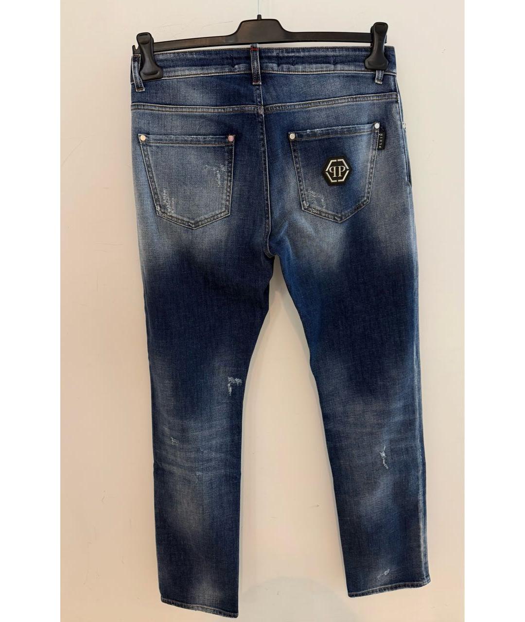 PHILIPP PLEIN Синие хлопко-эластановые прямые джинсы, фото 2
