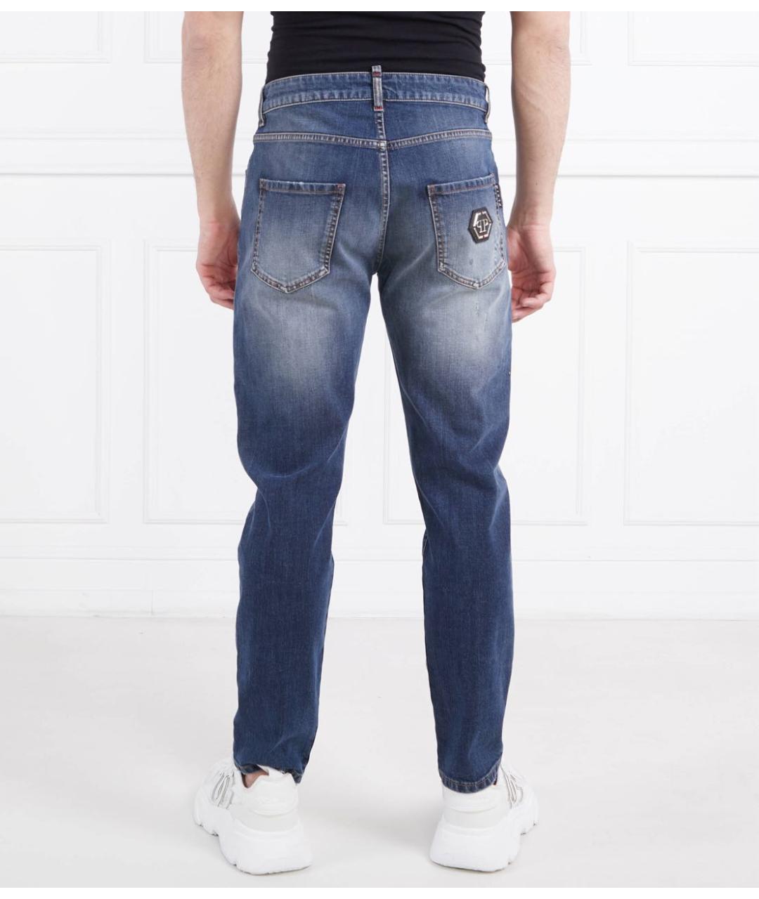PHILIPP PLEIN Синие хлопко-эластановые прямые джинсы, фото 3