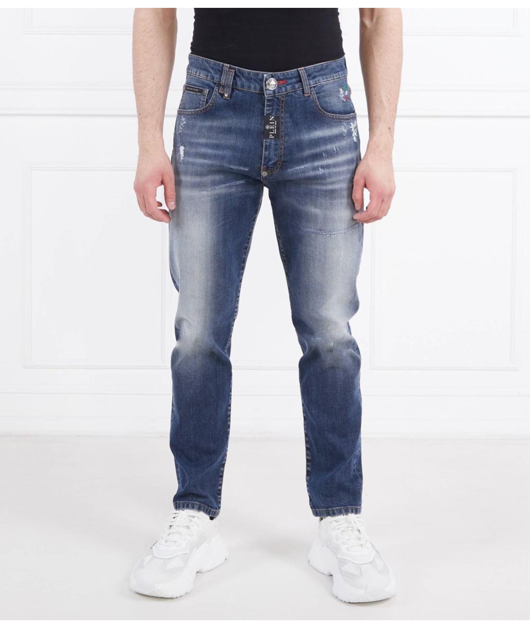 PHILIPP PLEIN Синие хлопко-эластановые прямые джинсы, фото 7