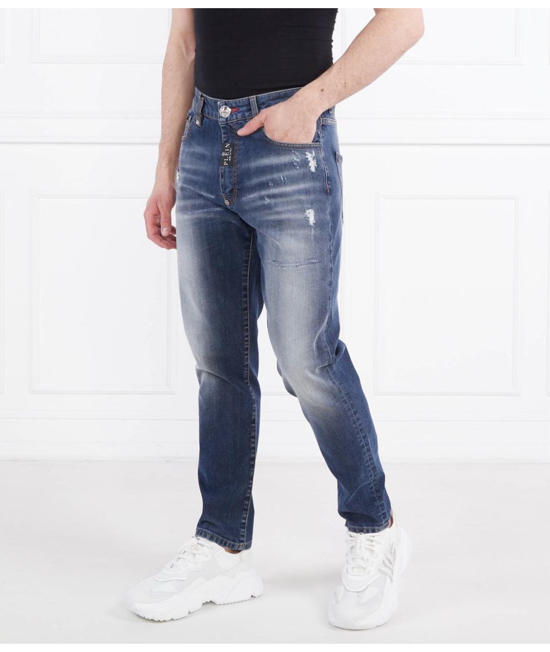 PHILIPP PLEIN Синие хлопко-эластановые прямые джинсы, фото 2