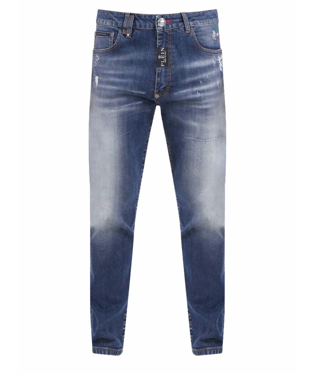 PHILIPP PLEIN Синие хлопко-эластановые прямые джинсы, фото 1