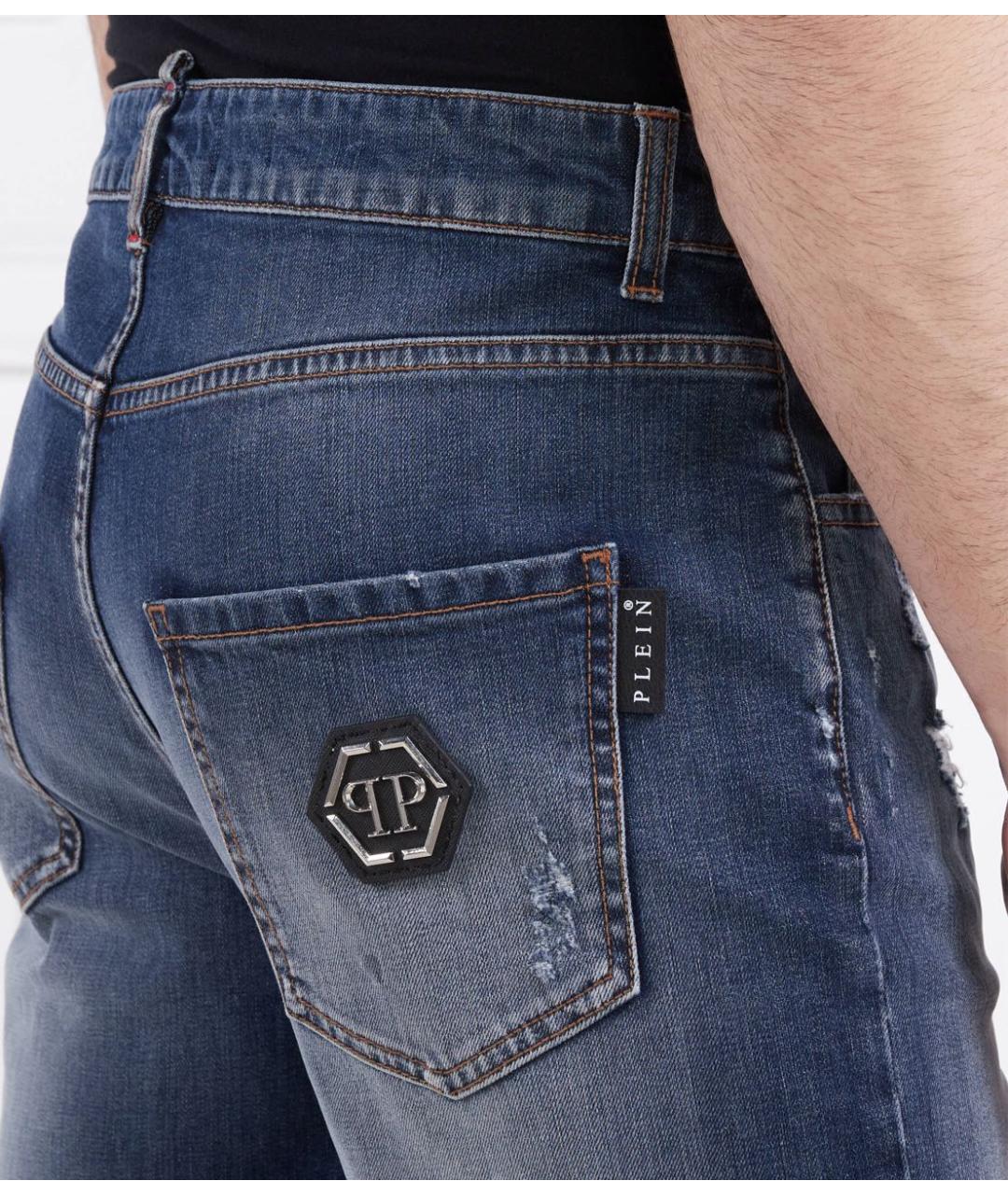 PHILIPP PLEIN Синие хлопко-эластановые прямые джинсы, фото 4