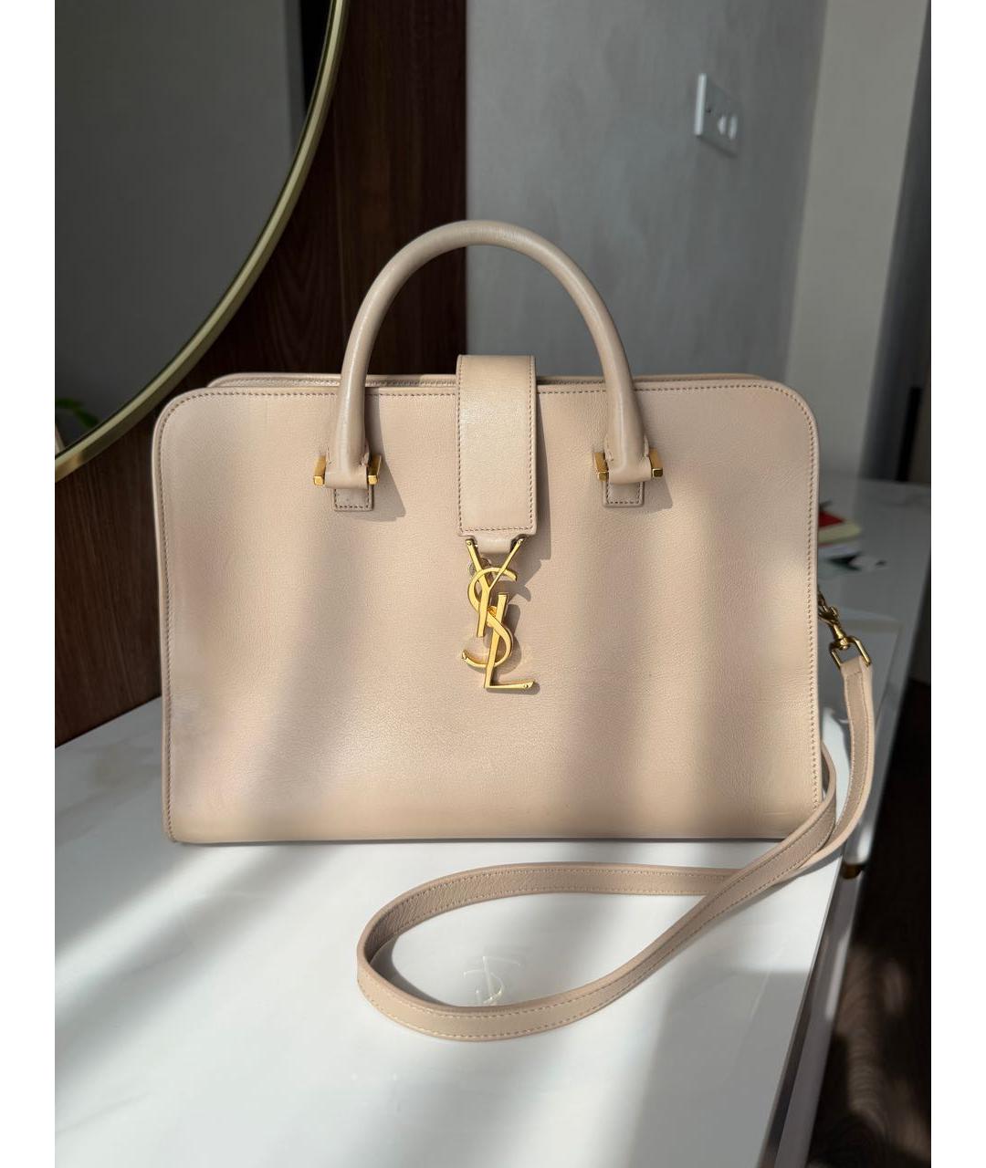 SAINT LAURENT Бежевая кожаная сумка с короткими ручками, фото 7