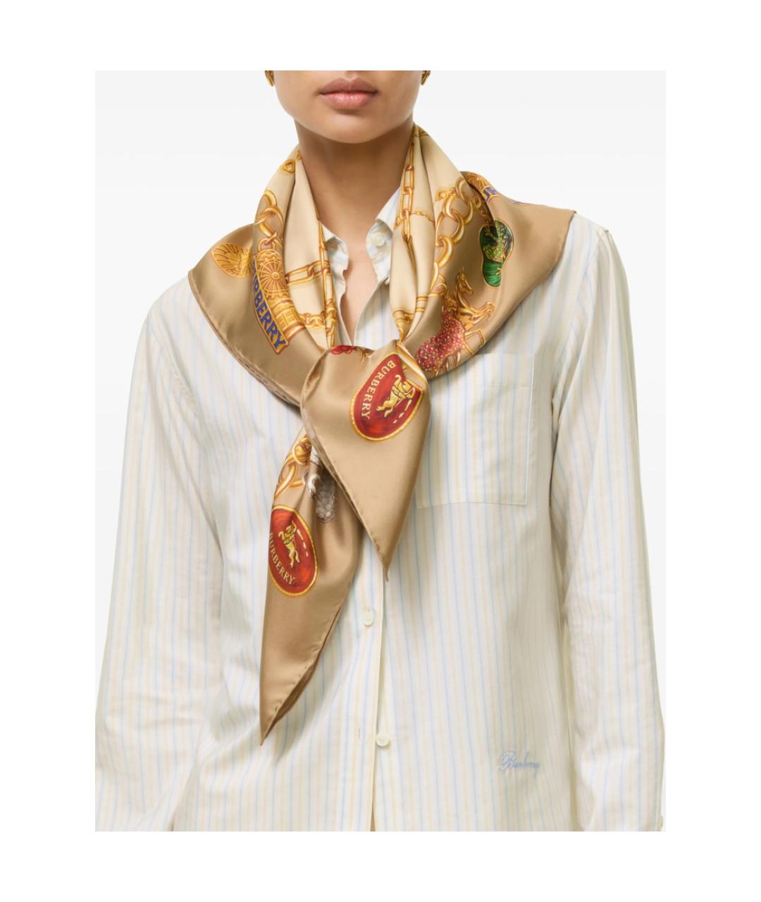 BURBERRY Золотой шелковый шарф, фото 3