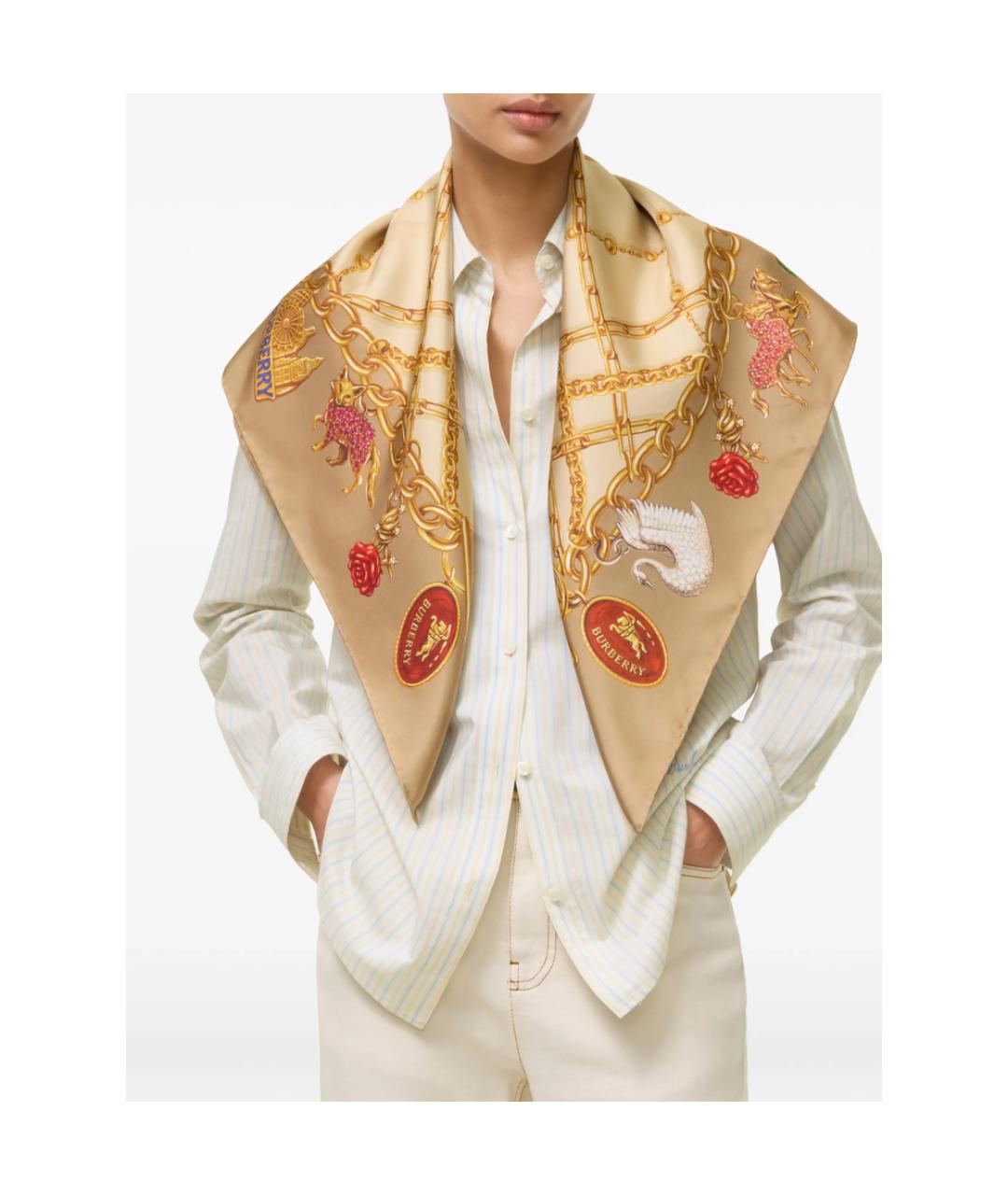 BURBERRY Золотой шелковый шарф, фото 5