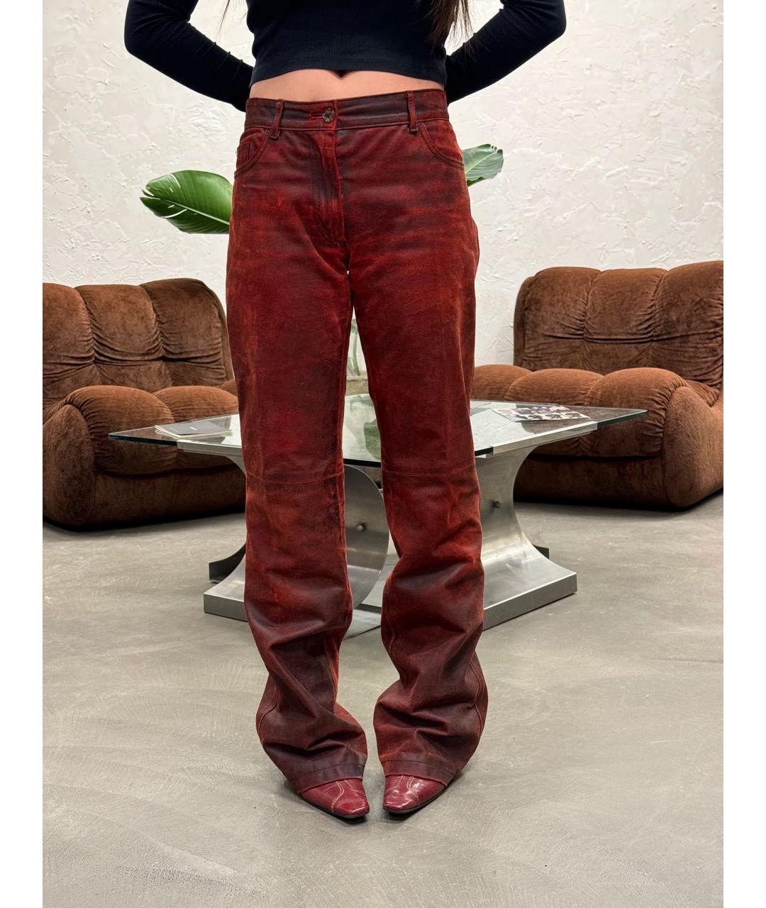 ANN DEMEULEMEESTER Бордовые кожаные брюки широкие, фото 7