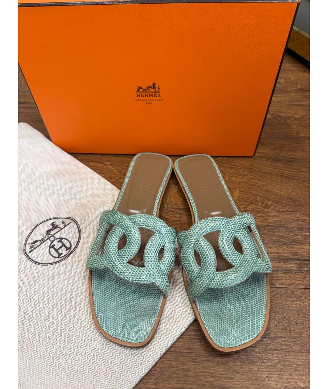 HERMES Бирюзовые сандалии из экзотической кожи, фото 8