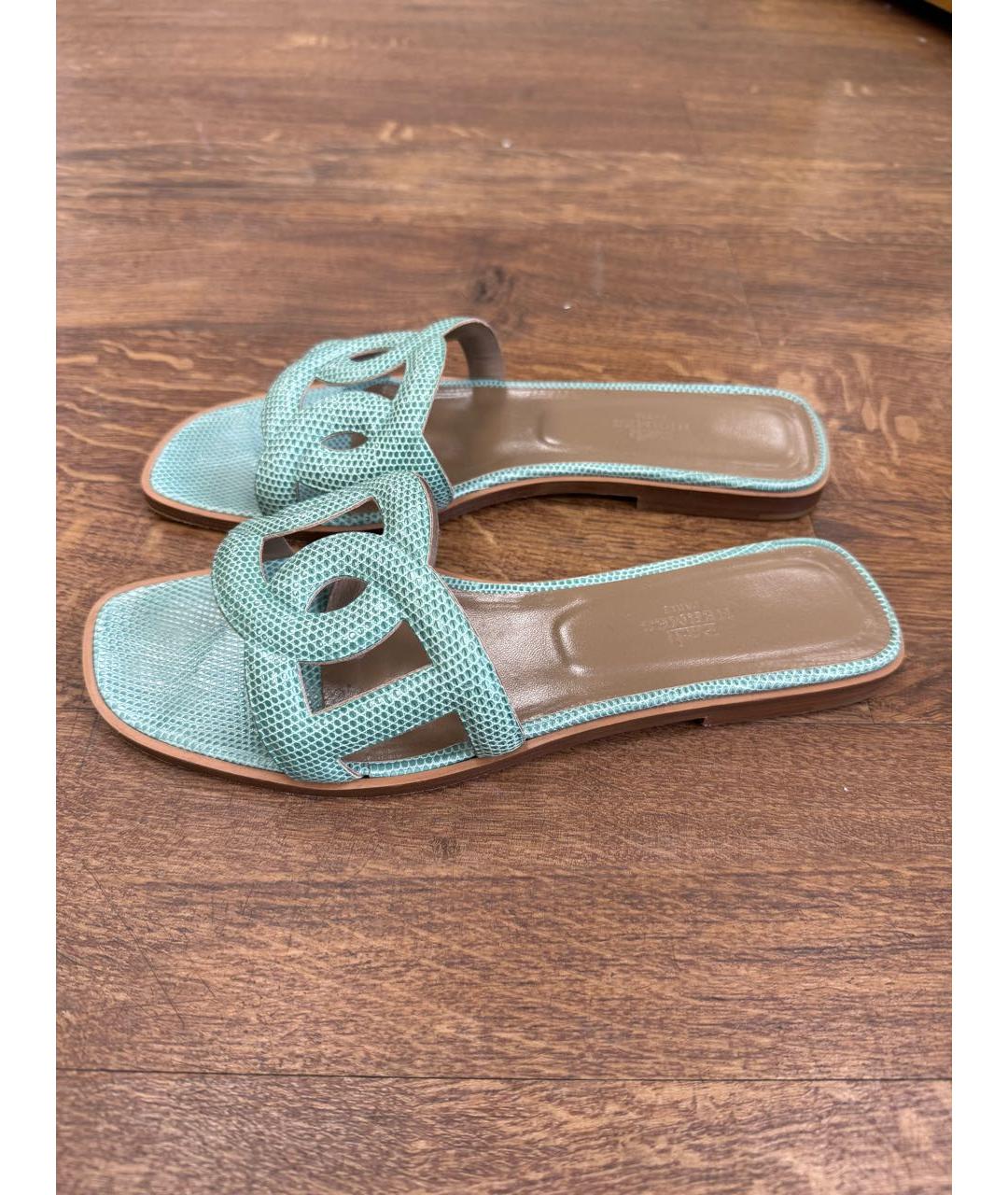 HERMES Бирюзовые сандалии из экзотической кожи, фото 9