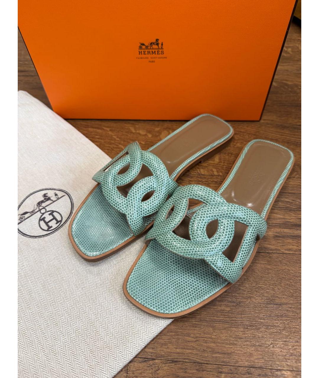 HERMES Бирюзовые сандалии из экзотической кожи, фото 6
