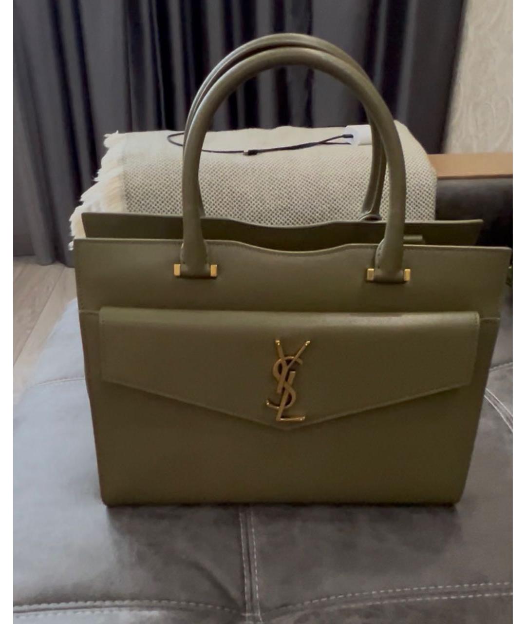 SAINT LAURENT Хаки кожаная сумка с короткими ручками, фото 2