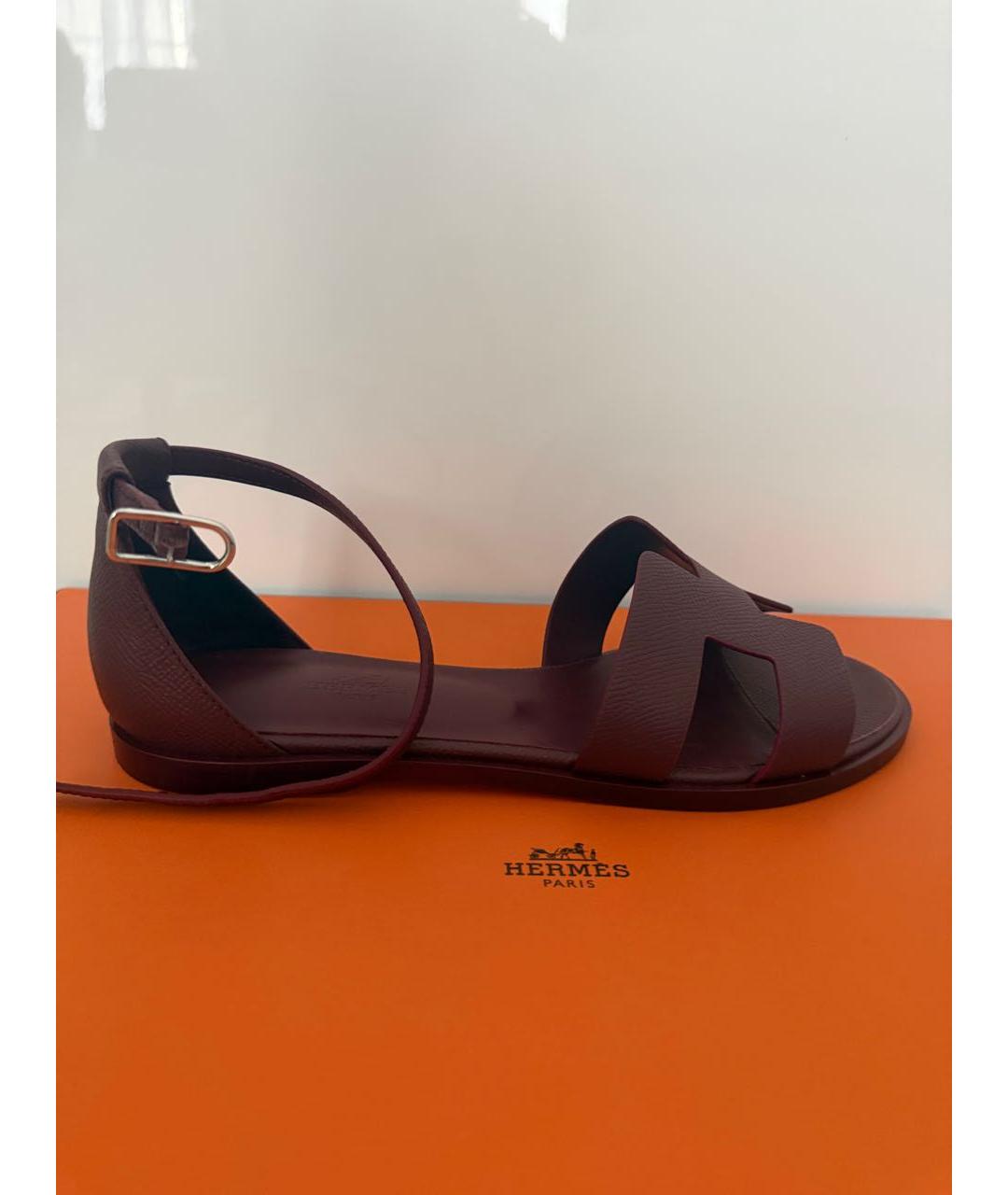 HERMES Бордовые кожаные босоножки, фото 5