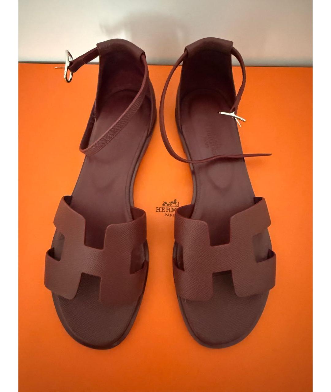 HERMES Бордовые кожаные босоножки, фото 2