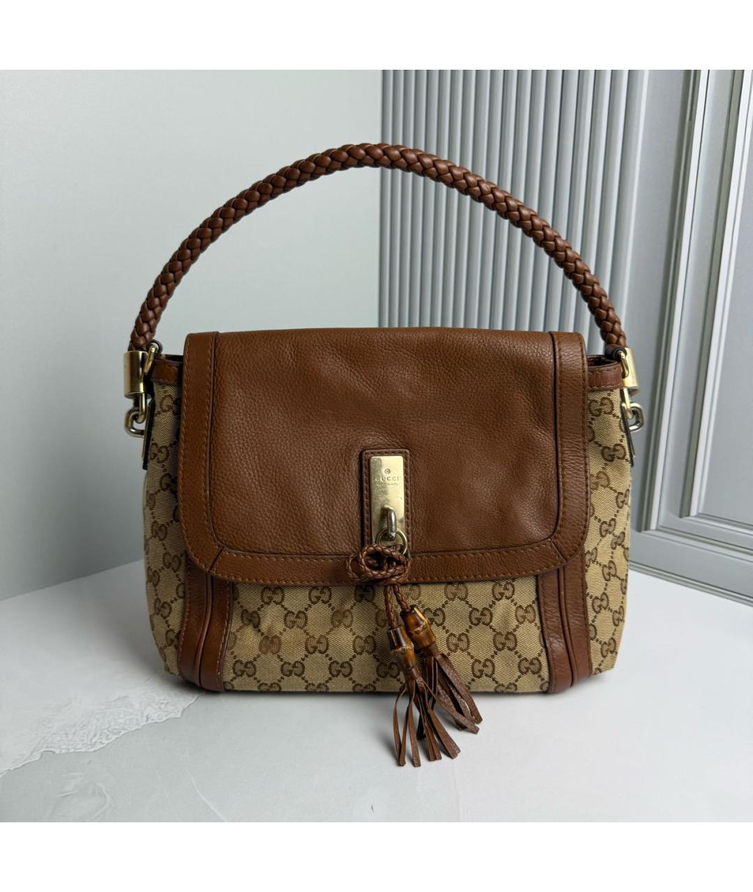 GUCCI Бежевая тканевая сумка с короткими ручками, фото 9