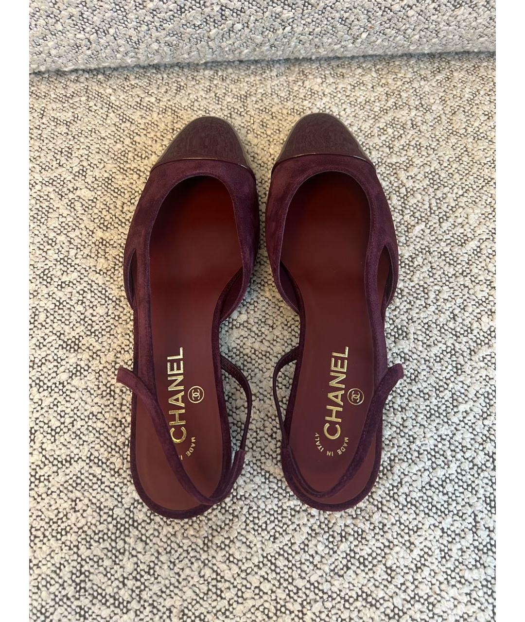 CHANEL Бордовые замшевые лодочки на низком каблуке, фото 3