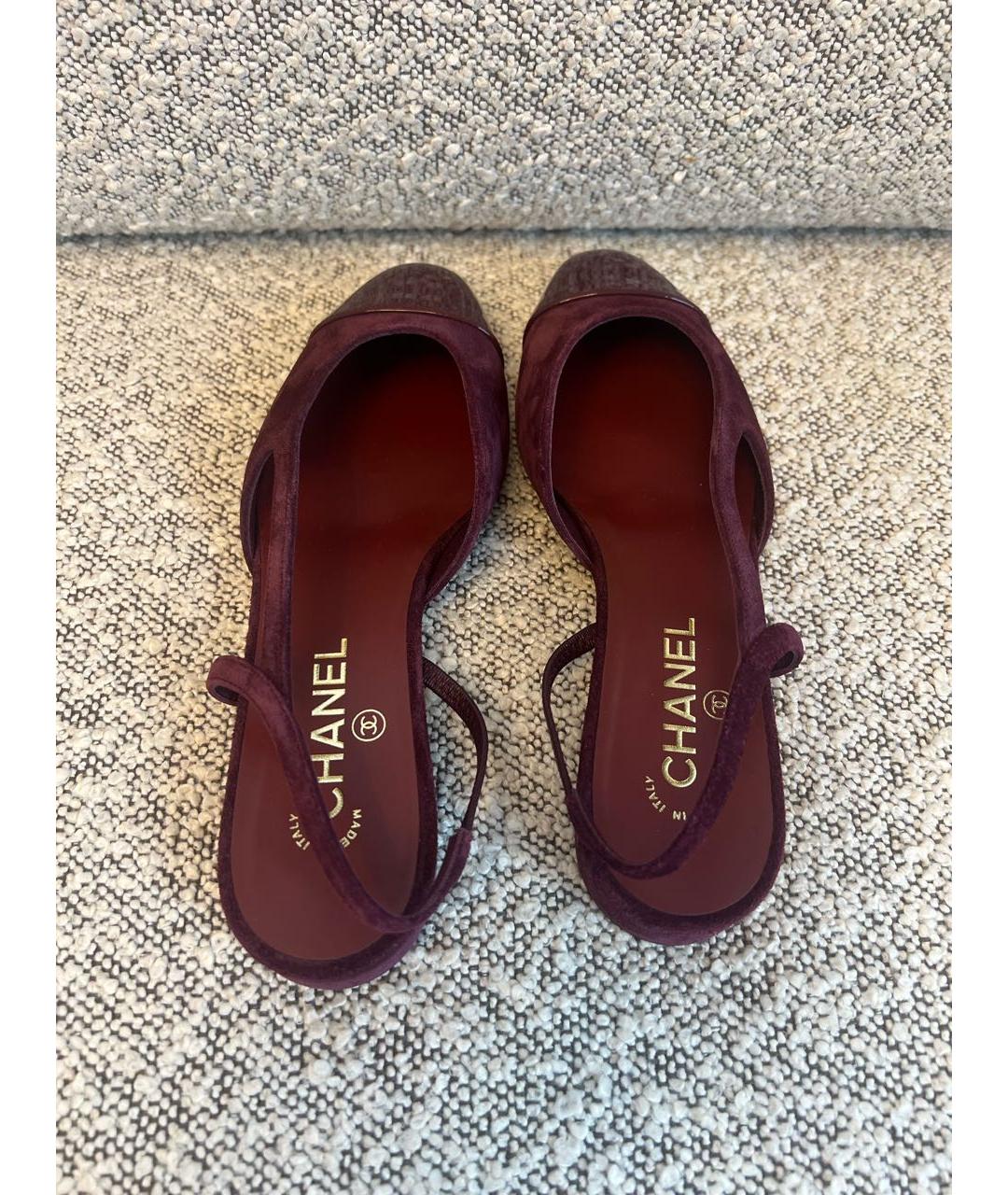 CHANEL Бордовые замшевые лодочки на низком каблуке, фото 4