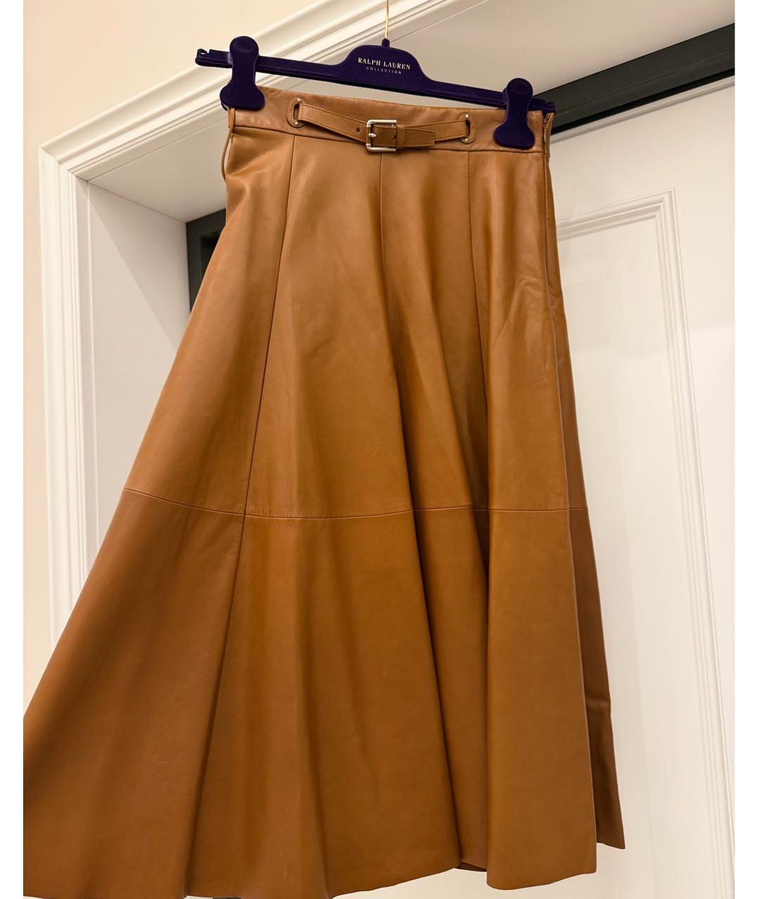 RALPH LAUREN PURPLE LABEL Коричневая кожаная юбка миди, фото 5
