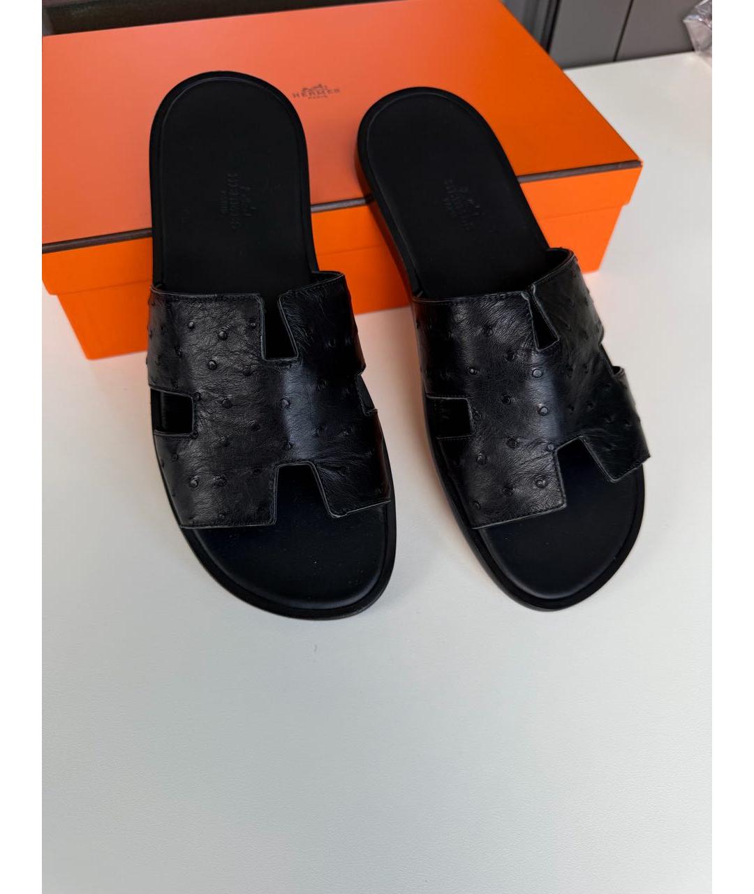 HERMES Черные шлепанцы из экзотической кожи, фото 2