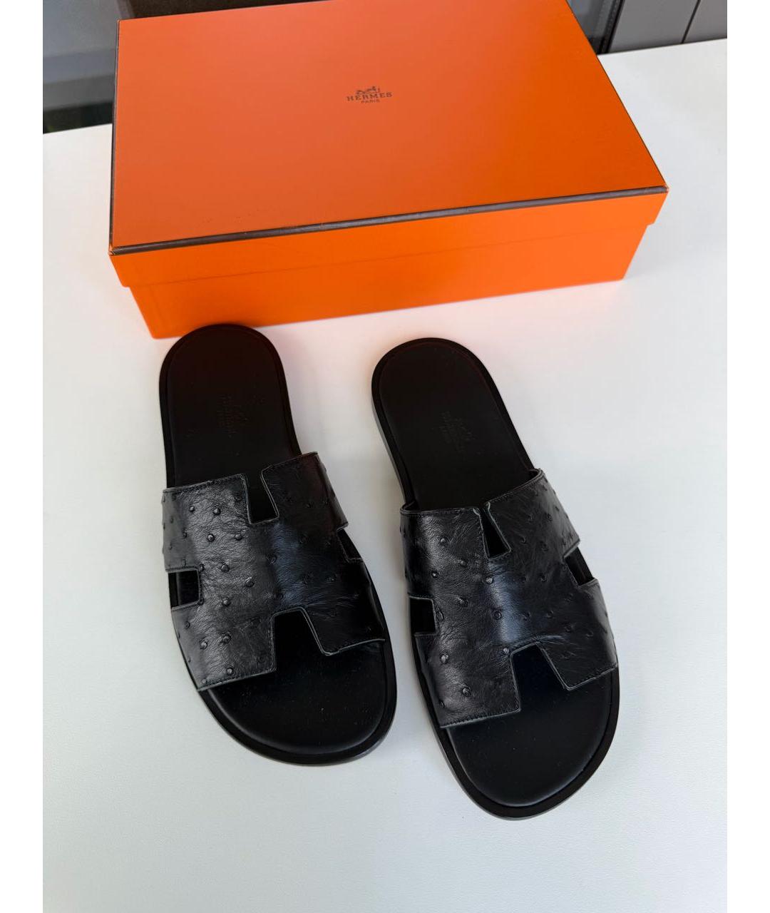 HERMES Черные шлепанцы из экзотической кожи, фото 5
