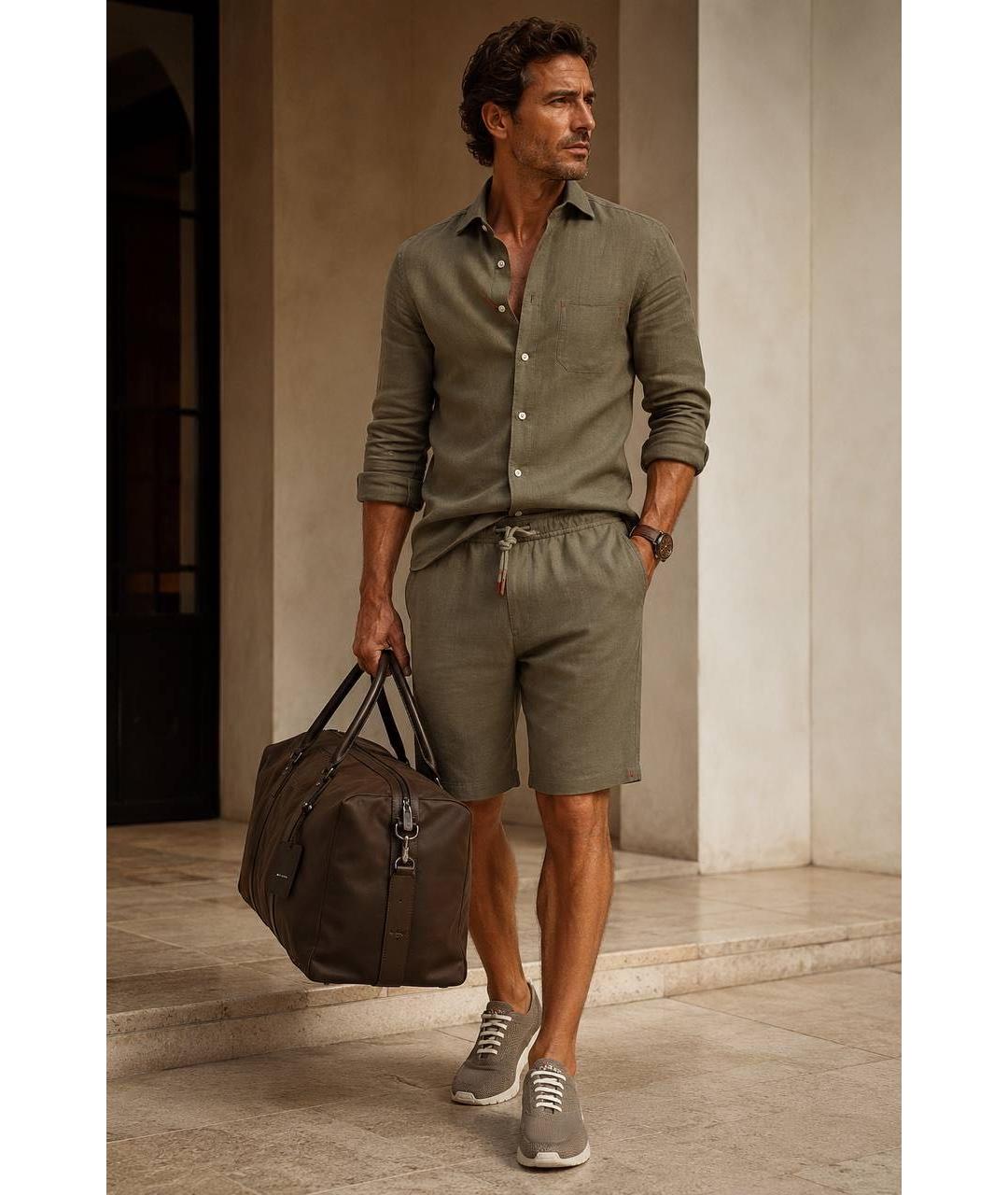 KITON Хаки льняная кэжуал рубашка, фото 7