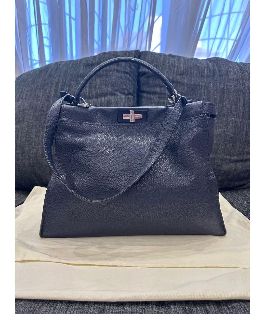 FENDI Темно-синяя кожаная сумка с короткими ручками, фото 9