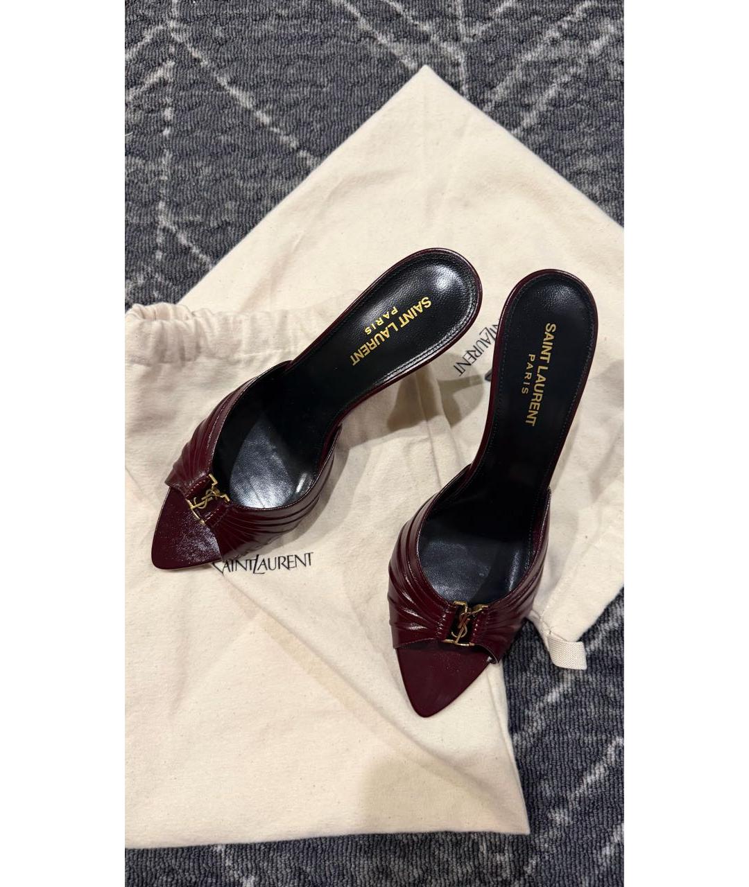SAINT LAURENT Бордовые кожаные мюли, фото 3