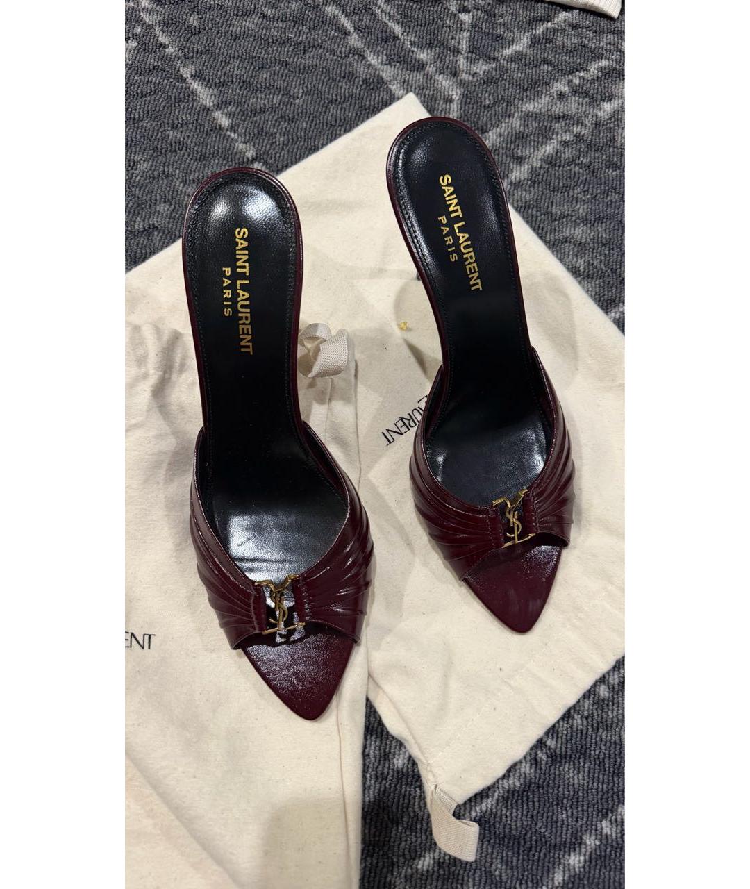 SAINT LAURENT Бордовые кожаные мюли, фото 2