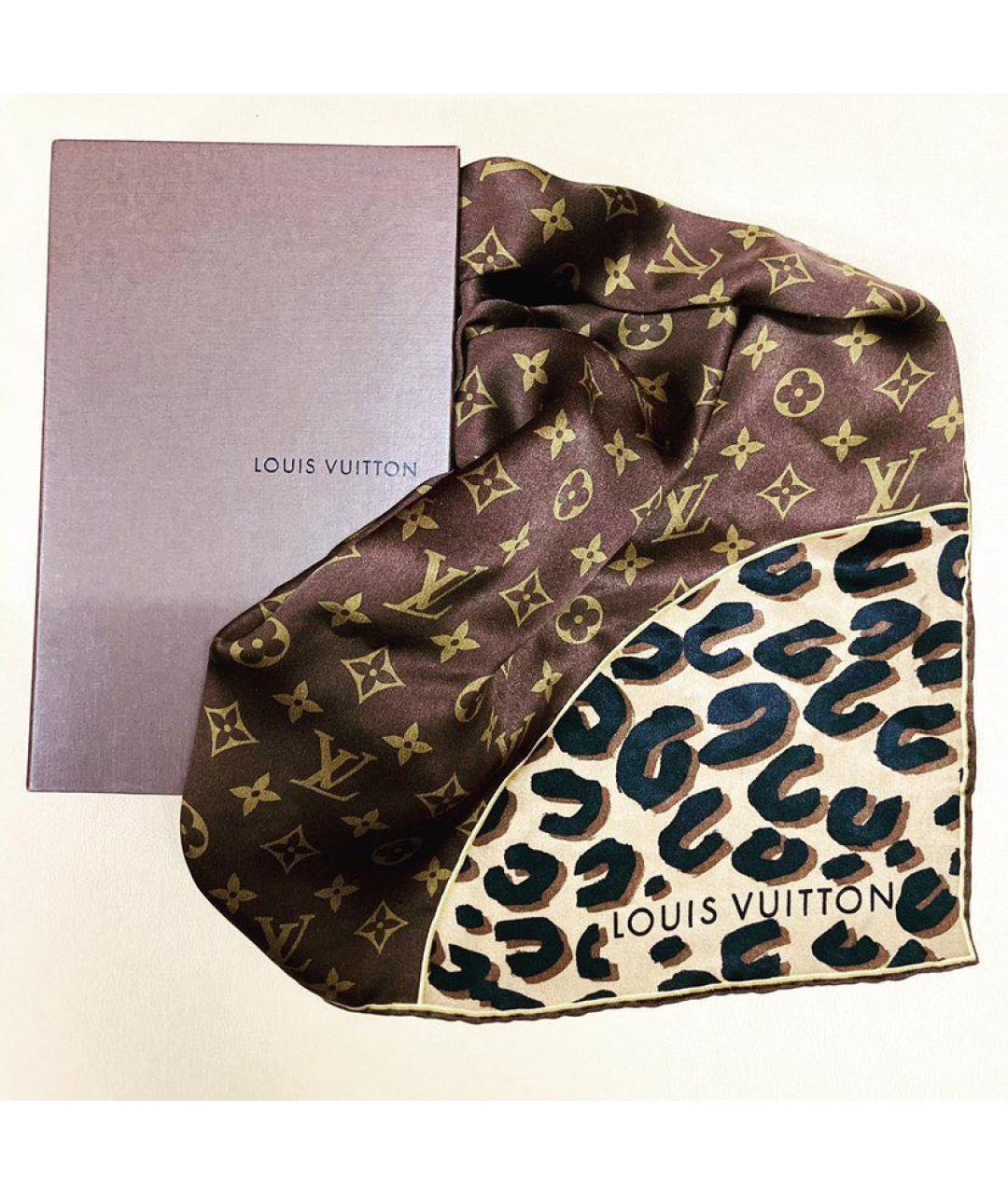 LOUIS VUITTON Коричневый шелковый платок, фото 2