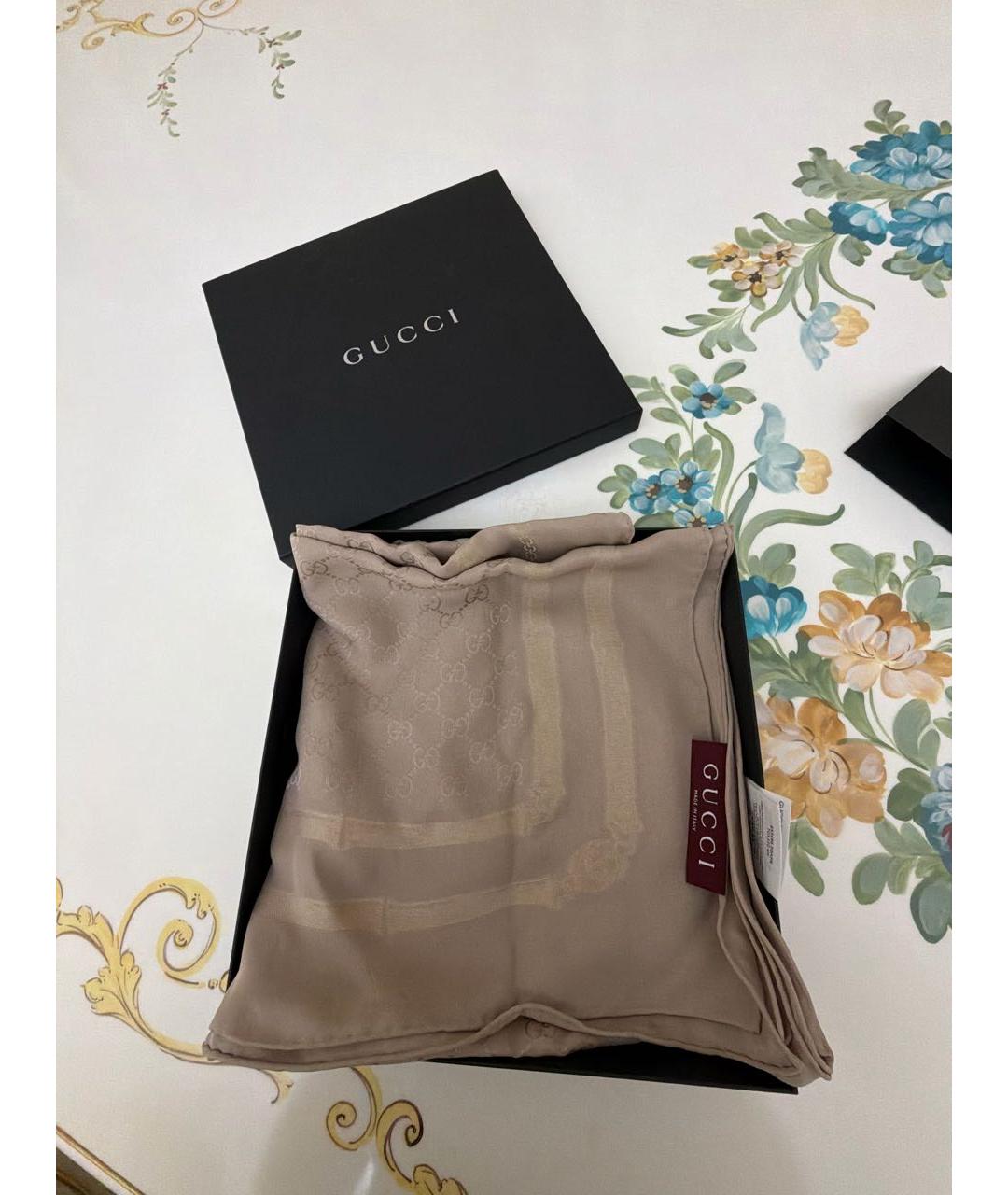 GUCCI Бежевый шелковый шарф, фото 4