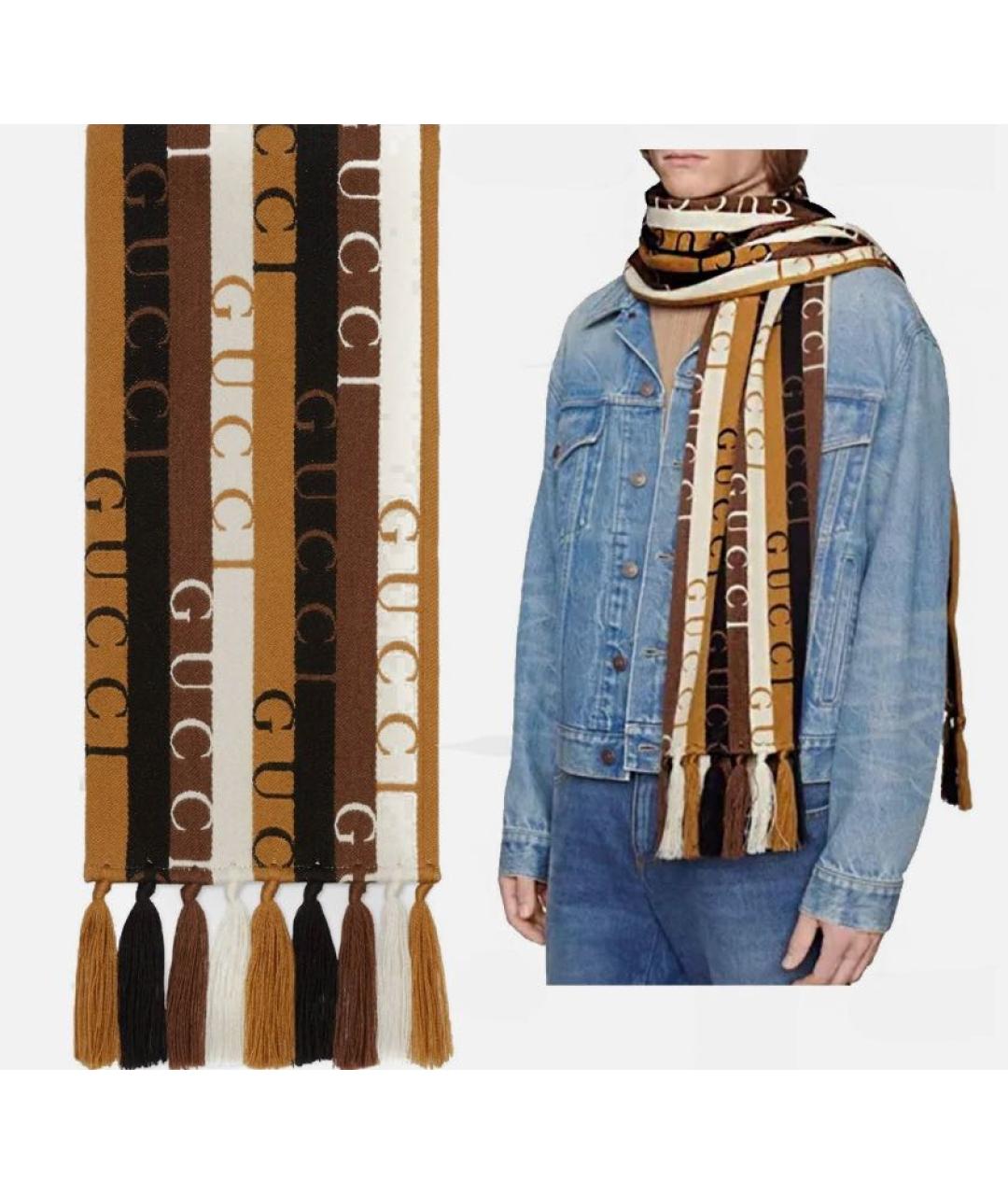 GUCCI Коричневый шерстяной шарф, фото 2