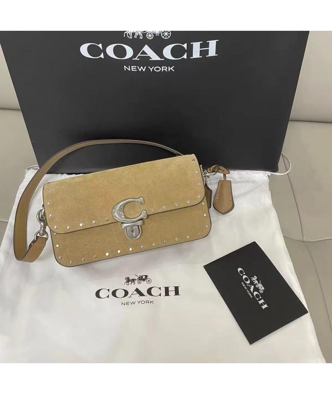 COACH Бежевая замшевая сумка с короткими ручками, фото 6