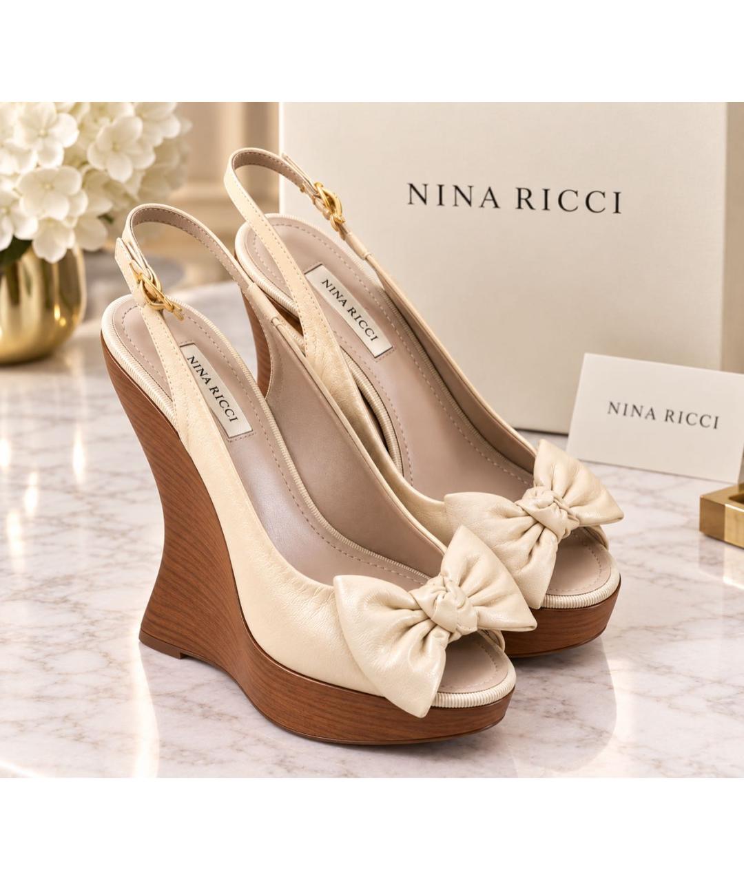 NINA RICCI Бежевые кожаные босоножки, фото 5