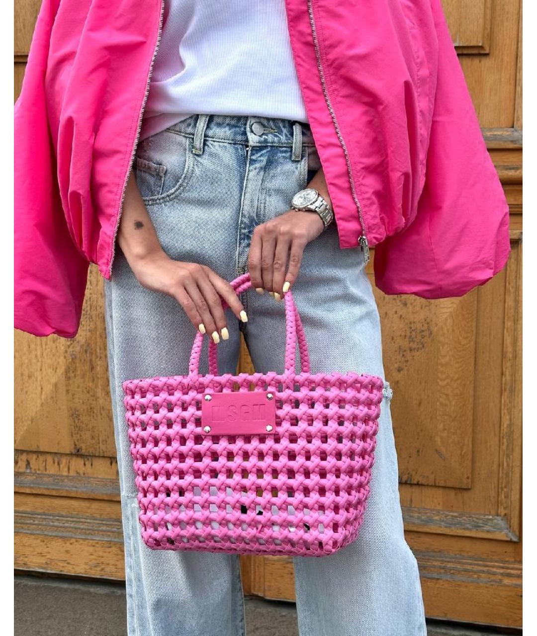 MSGM Розовая плетеная пляжная сумка, фото 5