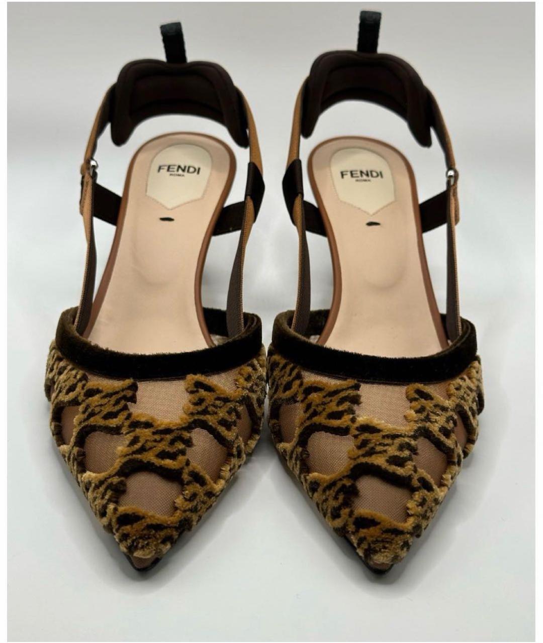 FENDI Коричневые бархатные лодочки на низком каблуке, фото 2
