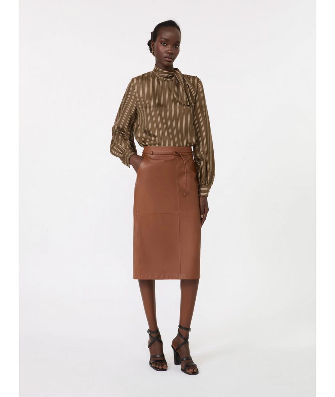 MAX MARA Коричневая кожаная юбка миди, фото 2