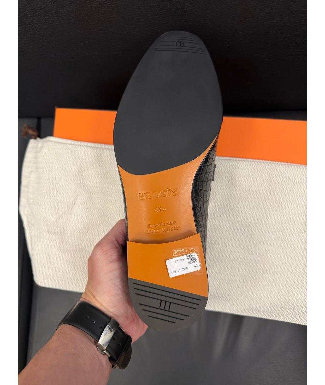 HERMES Черные лоферы из экзотической кожи, фото 6